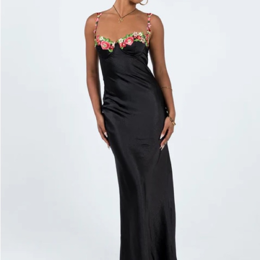 Princess Polly Kenzie Maxi Black Slick Dress with Floral Accents | Women’s